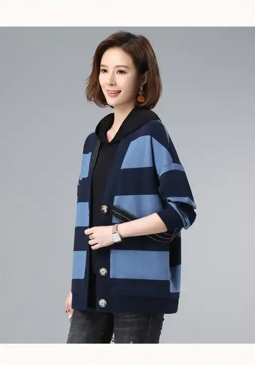 21年秋装新款秋季女装春秋时尚气质韩版休闲宽松开衫女士夹克条纹外套