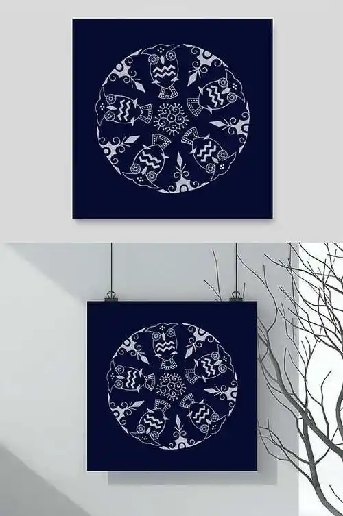 时尚圆形深蓝苗族蜡染图案矢量素材