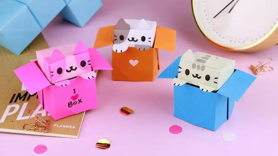 手工折纸方形小猫盒子
