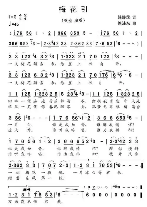 梅花引 张也 歌谱 简谱