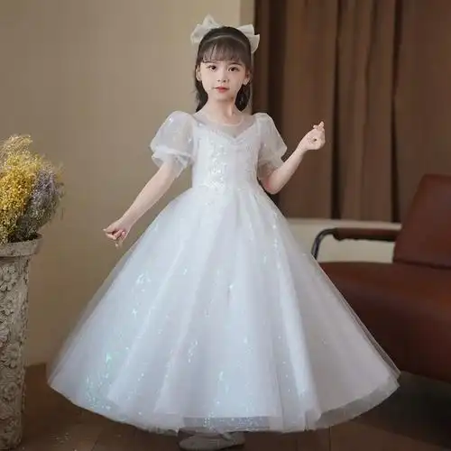 儿童礼服生日公主裙花童婚礼小女孩白色婚纱女童钢琴主持人演出服