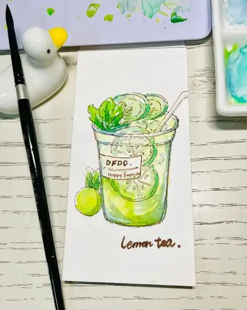 水彩练习夏日饮品青柠檬薄荷茶