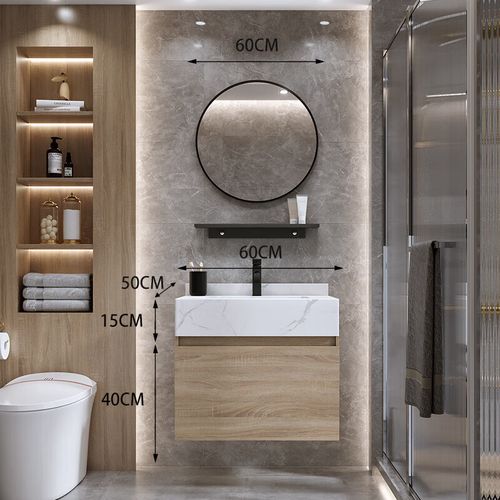 哩嗹啰嗹实木洗漱台洗脸盆卫浴柜组合原木色卫生间大理石 60铁艺圆镜