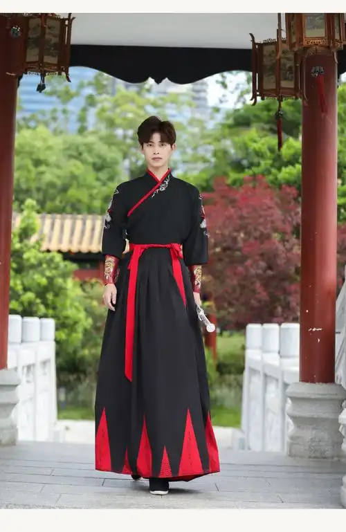 裳厢记汉服男锦衣卫 中国风古装大码交领长袖二件套汉服男生黑色书生