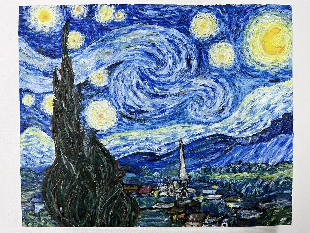 油画棒 #油画棒风景画 #梵高 临摹梵高《星月夜》 - 抖音
