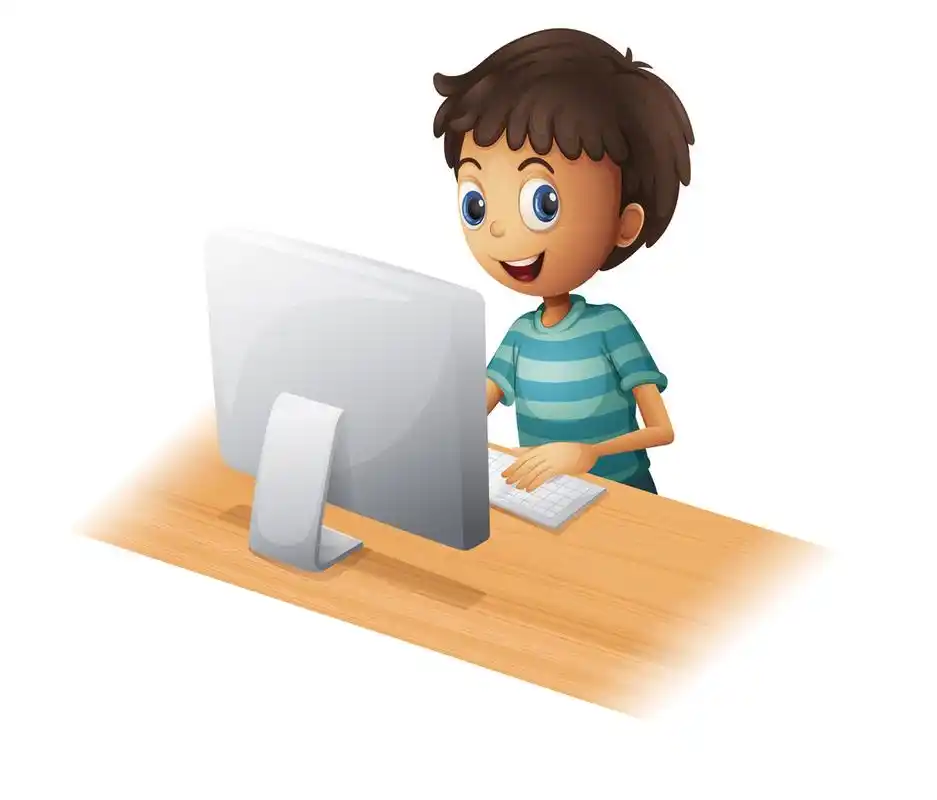 男孩玩电脑,一个男孩在白色背景上玩计算机的插图