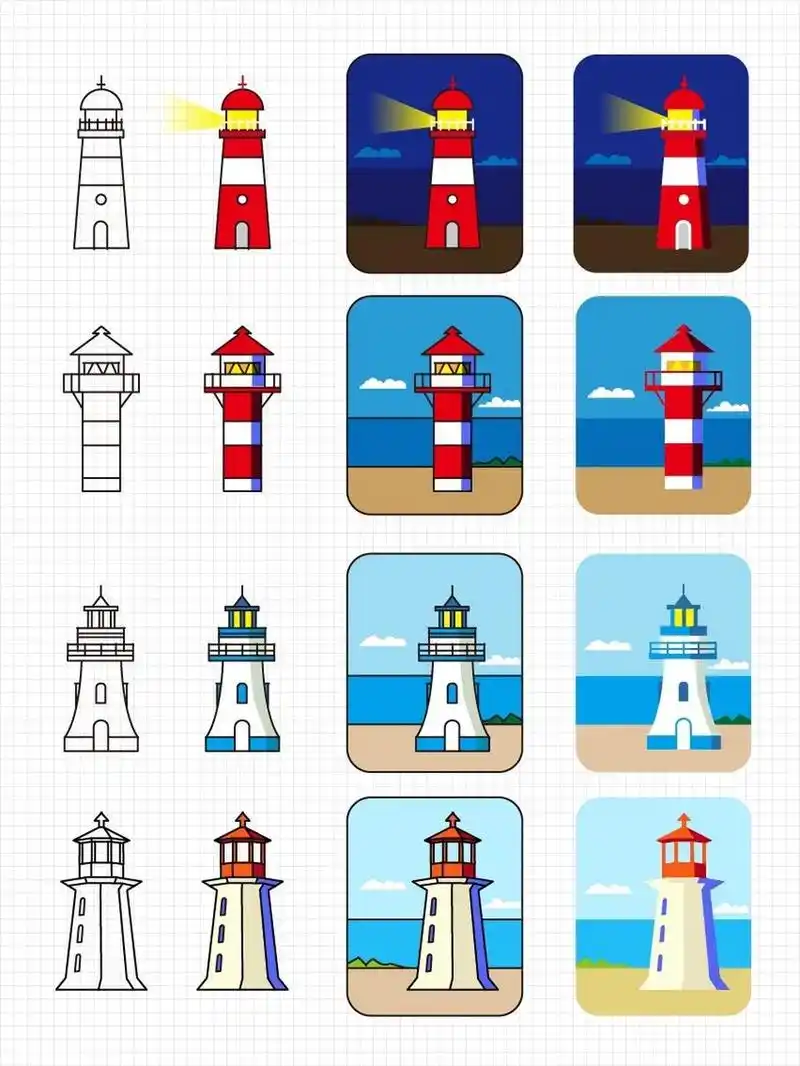 灯塔简笔画小合集九宫格,加油   画了一小组灯塔,发个小合集.
