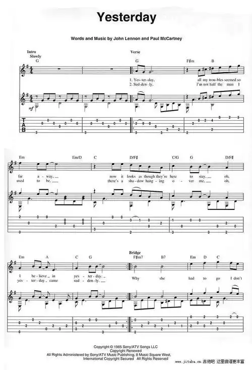 yesterday指弹吉他谱 the beatles(甲壳虫乐队)吉他独奏谱