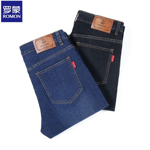 罗蒙简约男士牛仔裤商务休闲品牌logo皮标时尚复古通勤修身长裤子