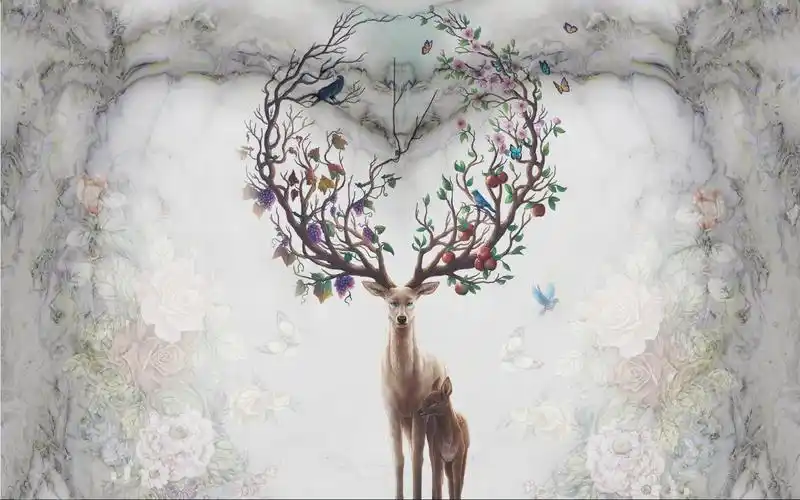 xt90245美式花鸟花鹿树林藤蔓鹿角