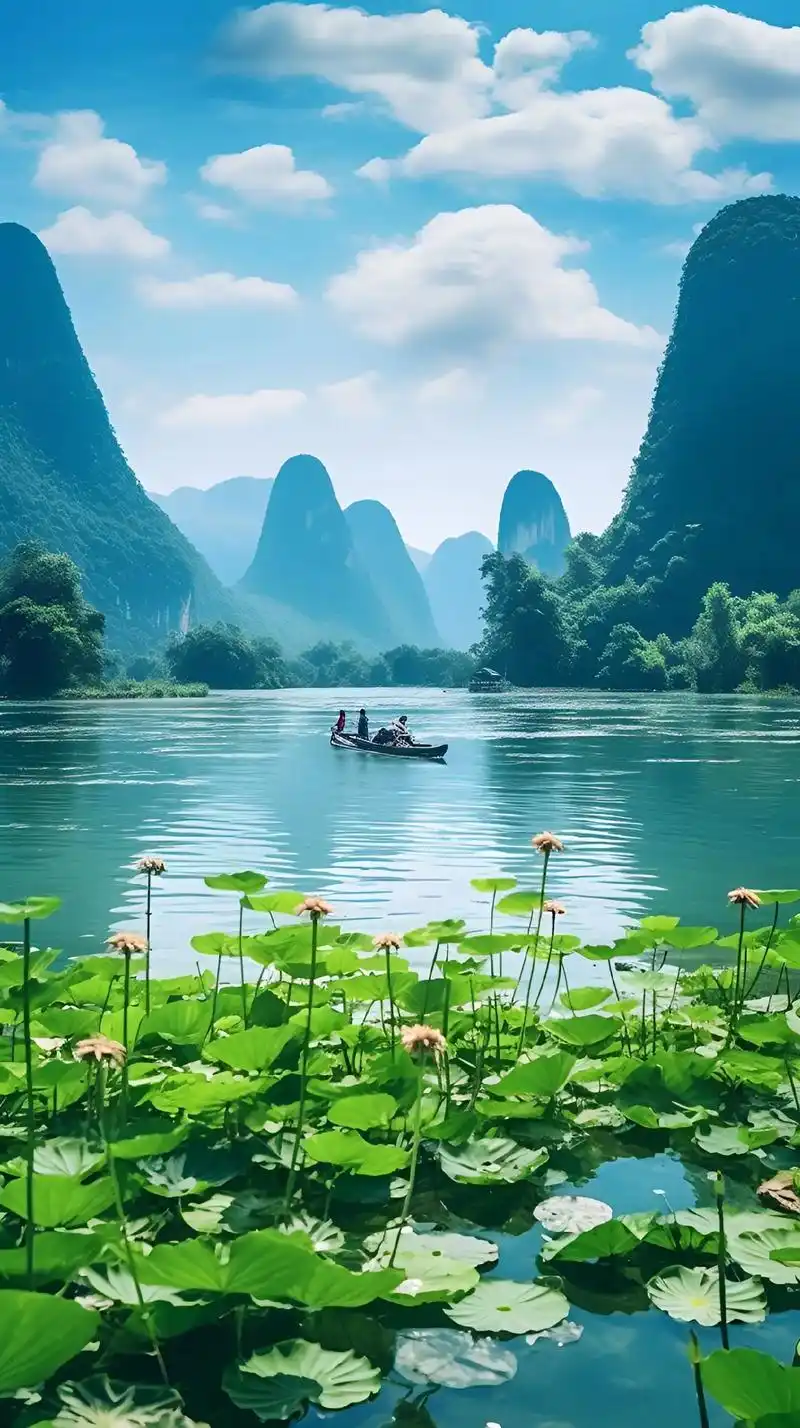 在桂林漓江边,乘着阳朔的纤夫撑着竹筏,一路欣赏着如诗如画的桂 - 抖