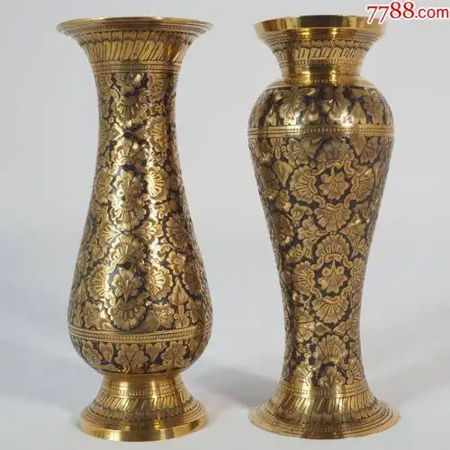 波斯古董黄铜铜器花瓶手工刻花伊斯兰中东阿拉伯金属老物摆件1对