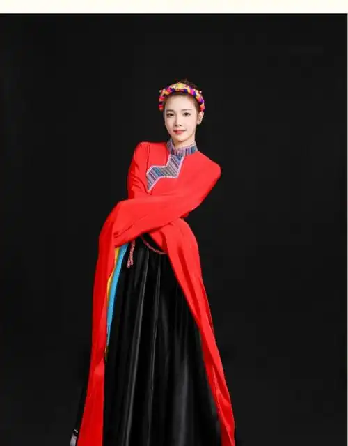 藏族舞蹈演出服女水袖大摆裙长裙练功服广场舞半身裙