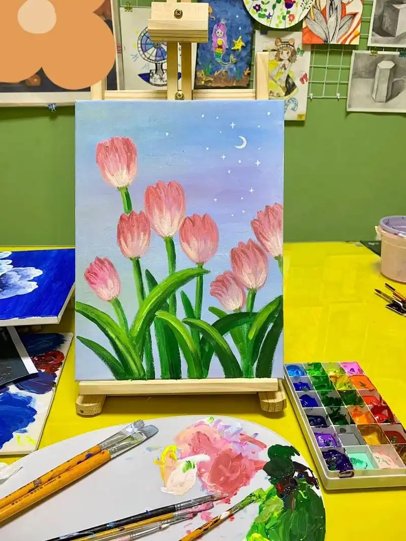 水粉郁金香93|创意儿童画 步骤 16615天蓝 紫 白 黄 打底平涂 2