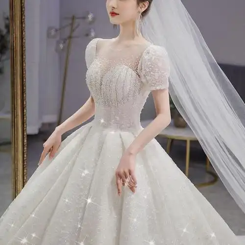 法式清新2021新款亮片重工小个子女生超美拖尾婚纱