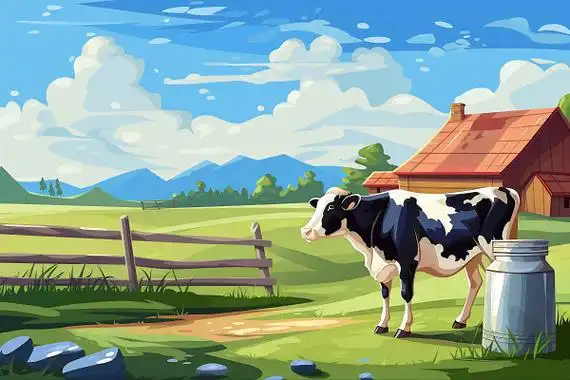 插画草场上的奶牛和牛奶卡通ai插画