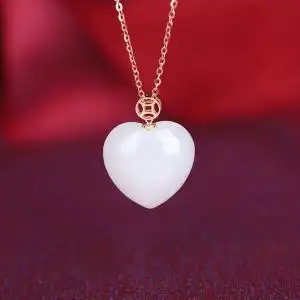 森宝莱天然和田白玉心形吊坠 18k玫瑰金镶嵌简约百搭锁骨链玉坠女
