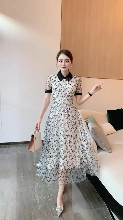 2021夏季新款女中长裙减龄优雅修身显瘦翻领连衣裙