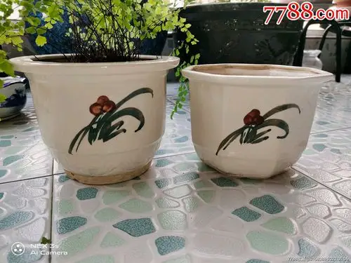 文革七八十年代怀旧古董老物件手绘瓷器老花盆白瓷陶瓷老瓷盆两个文革
