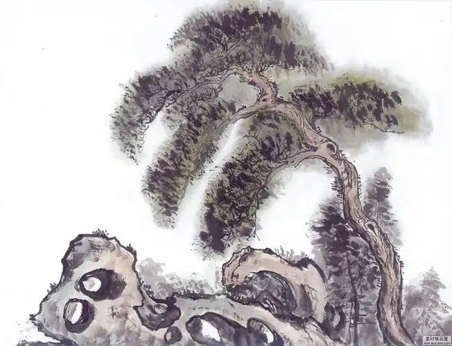 精美的水墨画树和奇石