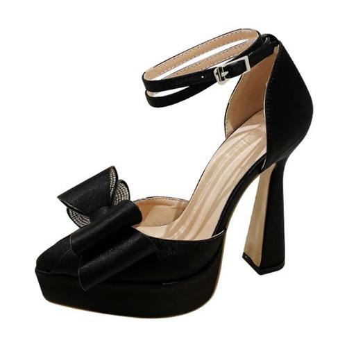 33码欧美蝴蝶结水钻粗跟高跟鞋防水台尖头包头13cm恨天高中空凉鞋