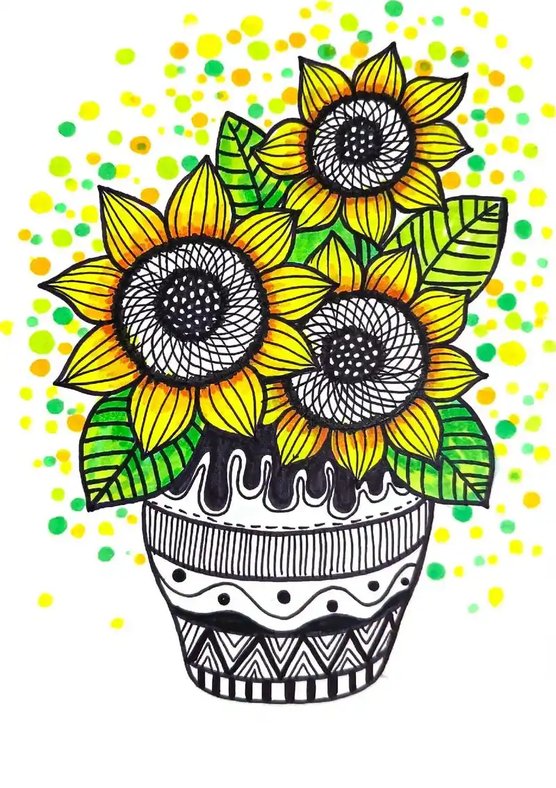 向日葵97创意线描画.#少儿美术教育 #线描 向日葵97#一 - 抖音