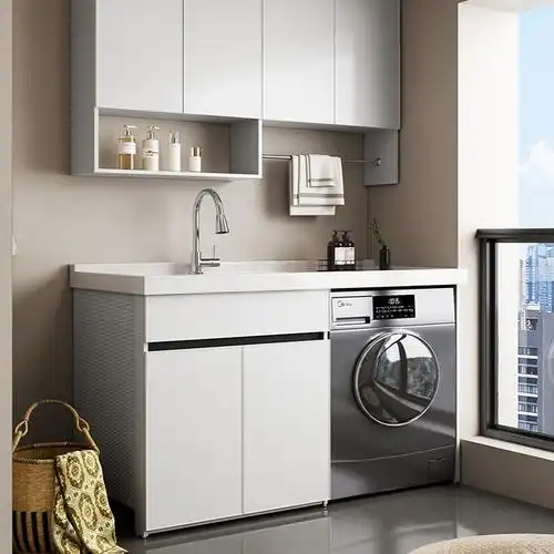 古达定制太空铝阳台洗衣机柜组合定制洗衣台盆带搓板一体洗衣柜伴侣