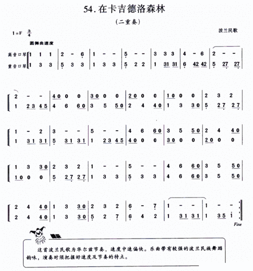 在卡吉德洛森林 波兰民歌 二重奏 口琴谱 简谱