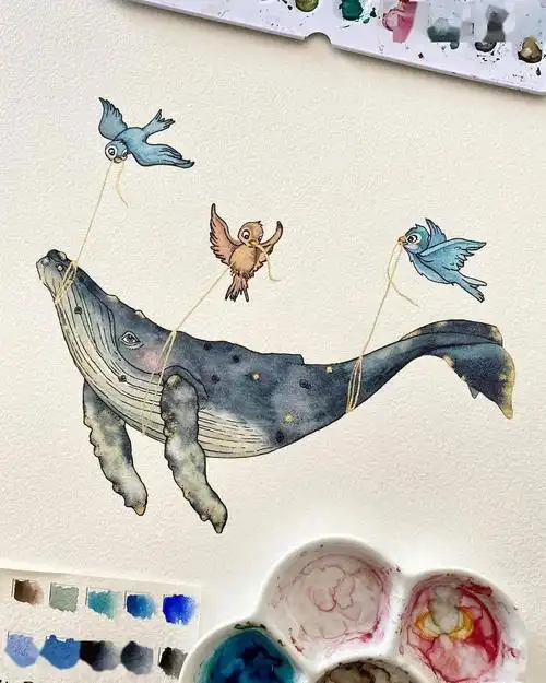唯美的鲸鱼水彩插画