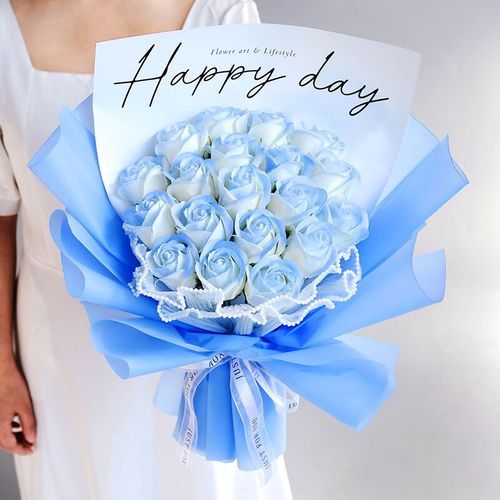花束满天星干花花束玫瑰香皂花送女朋友闺蜜碎冰蓝生日礼物 19朵蓝色