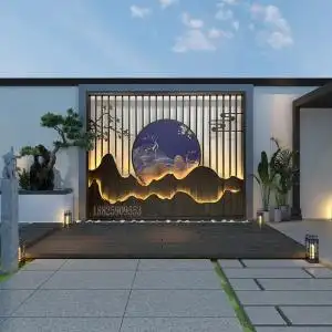 不锈钢假山屏风隔断轻奢现代户外庭院客厅中式镂空格栅酒店背景墙