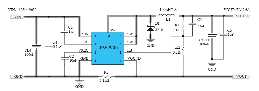 72v转5v,12v,15v电源芯片电路图设计
