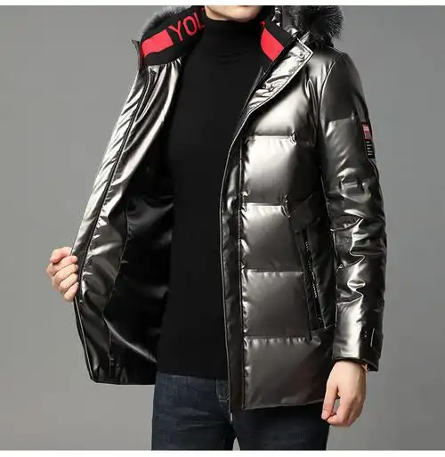 阿玛尼(armani)男士服中长款连帽亮面外套冬装白鸭绒加厚保暖潮 黑色