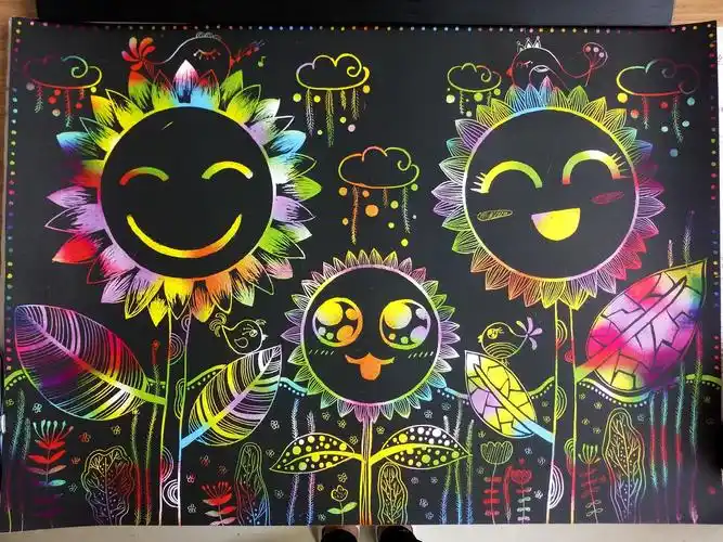 刮画  向日葵一家三口