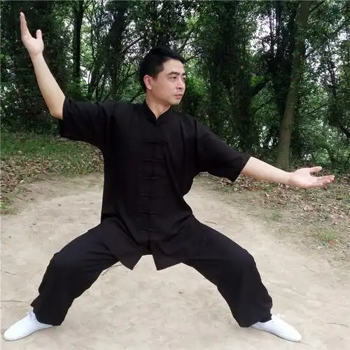 夏季短袖太极服棉麻武术练功服男功s夫服亚麻中袖太极拳服表演服