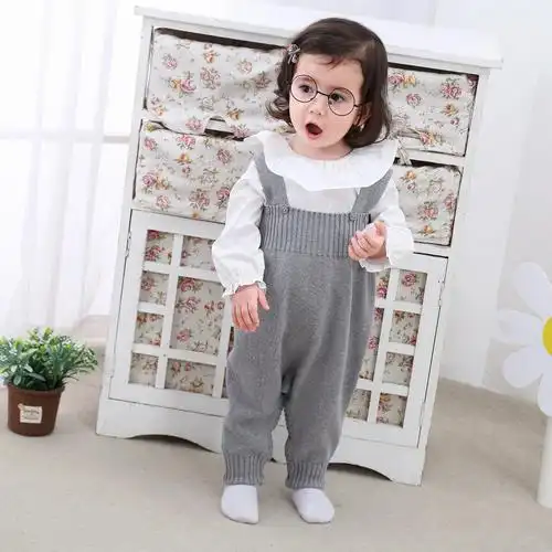 婴儿背带裤 春秋可开档0-1-2岁男女宝宝毛线针织纯棉裤子两面穿