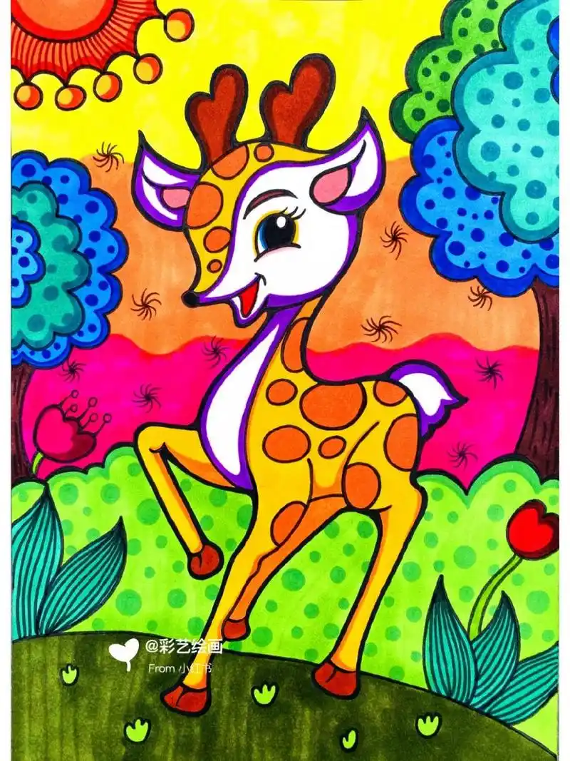 《可爱小鹿》马克笔儿童画简笔画(附线稿)