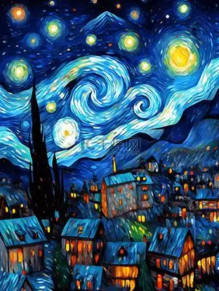 油画风插画星空下的城镇