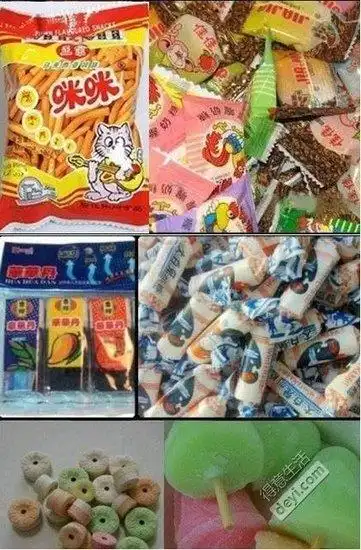 咪咪,大公鸡奶糖,华华丹,大白兔,还有一毛钱的冰棍现在还经常拿咪咪开