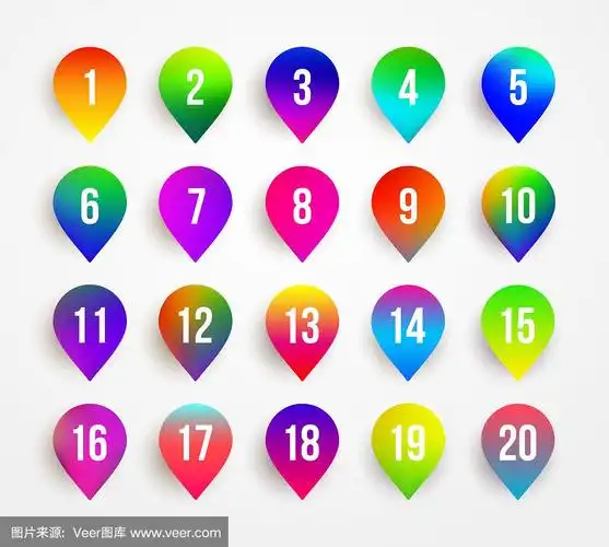 箭头子弹点彩色3d标记数字1到20.梯度向量插图.孤立在白色背景上.