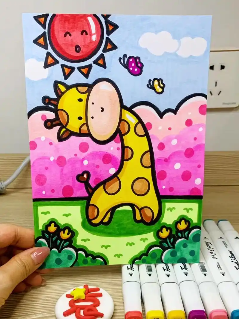 【长颈鹿】图片马克笔手绘卡通儿童画附色号.#画画 #一起学画 - 抖音