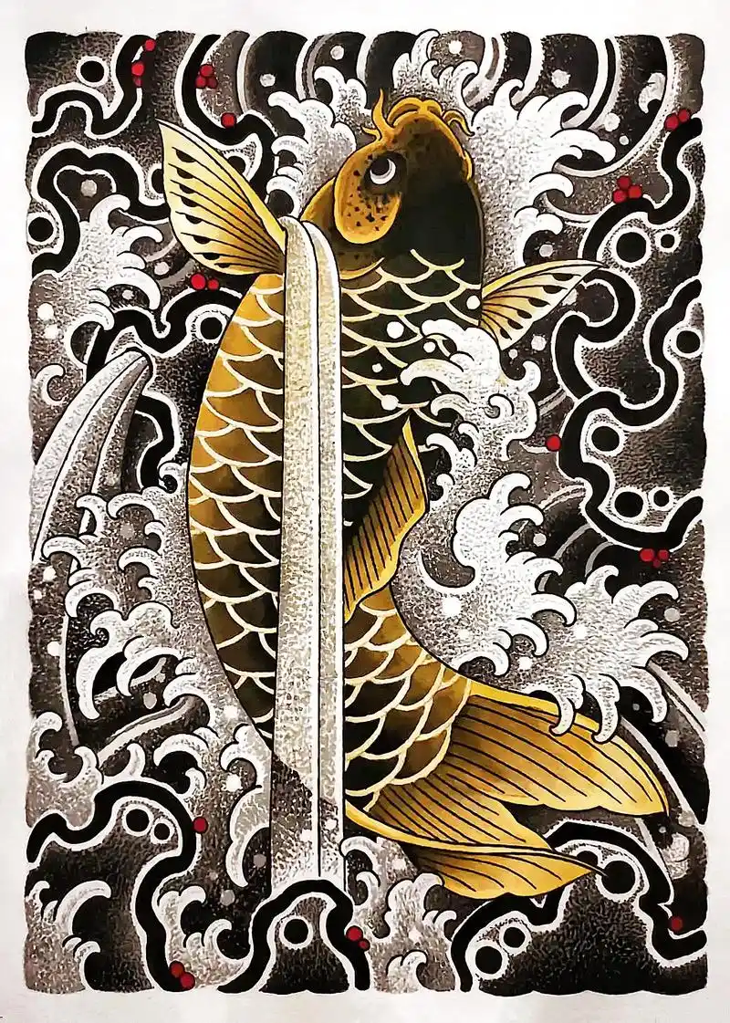 老传统鲤鱼水浪山石满背纹身手稿! #长春纹身 #纹身手稿 # - 抖音