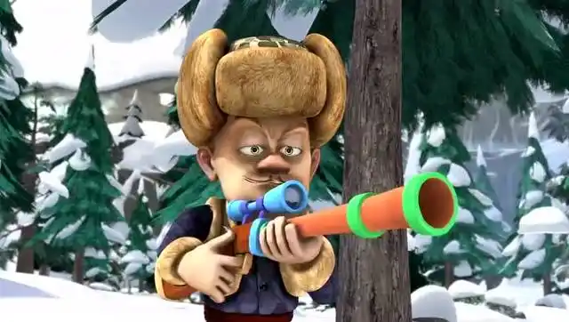 熊二被光头强拿着枪对着,大喊自己可是熊出没的男主角啊