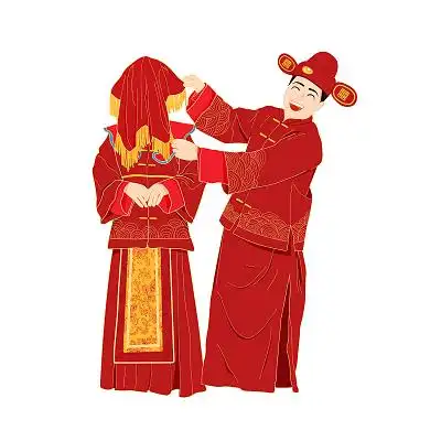 手绘插画中国传统古代结婚新娘新郎掀头纱红色喜庆新人png素材婚礼