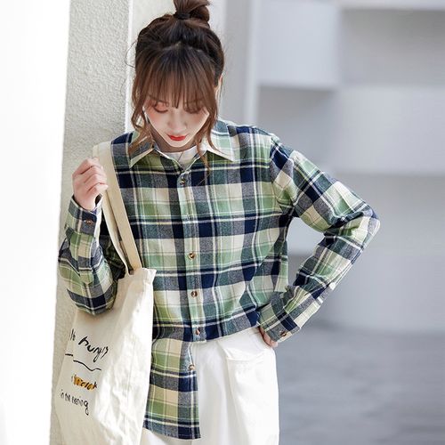 纯棉格子衬衫 女长袖春夏宽松复古港味百搭洋气防晒学生情侣衬衣