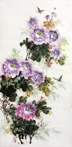 牡丹紫色落款竖幅四尺手绘字画花鸟国画特价国画