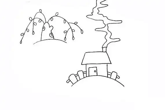 春天景色怎么画 春季柳树小屋风景简笔画彩色画法教程,简笔画图片