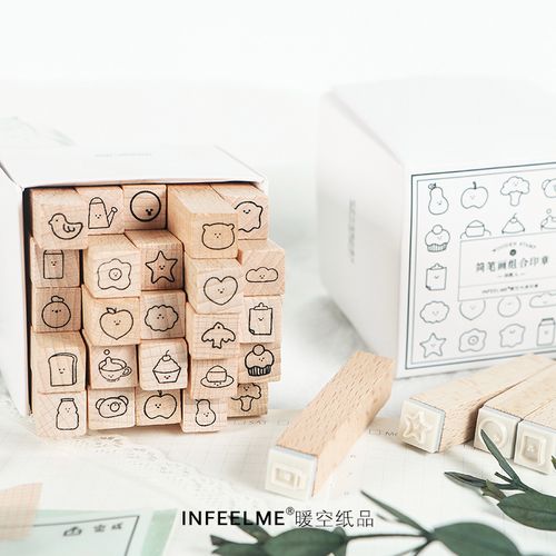 me暖空 手帐伴侣 木质印章 长条印章【简笔画系列】 25枚