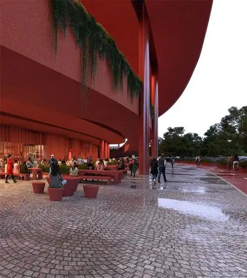 设计团队特别设计了10个带顶的露天循环坡道,环绕体育场外部.