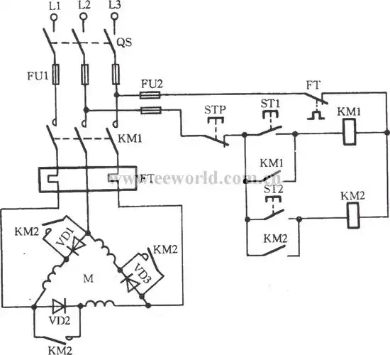 三相电动机△接低速运行电路